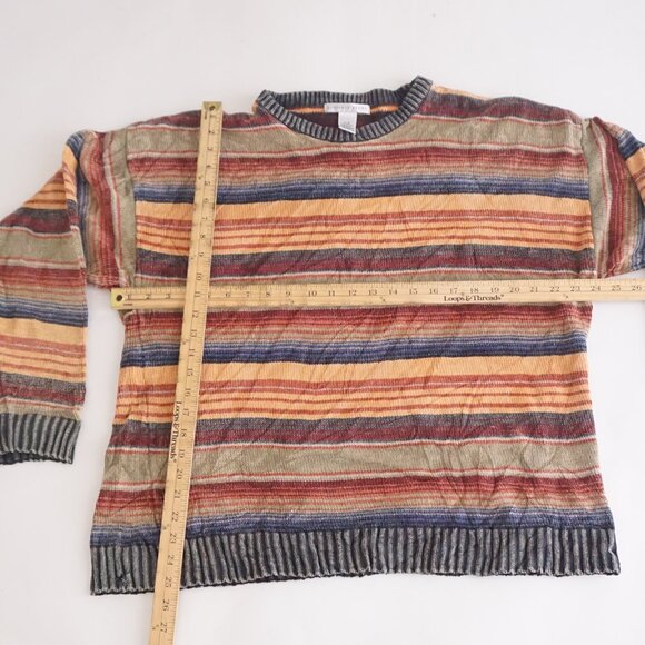 Geoffrey Beene Green Orange Striped Biggie Eclectic 100% Cotton Knit Sweater L - Picture 3 of 9